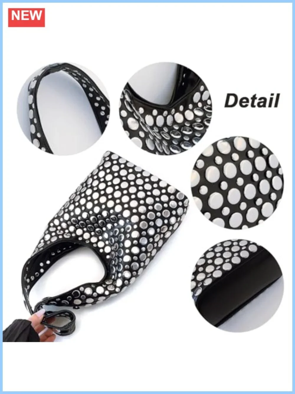 Y2K Hobo Shoulder Bag Studded Synthetic Leather Punk Top Handle Tote Purse